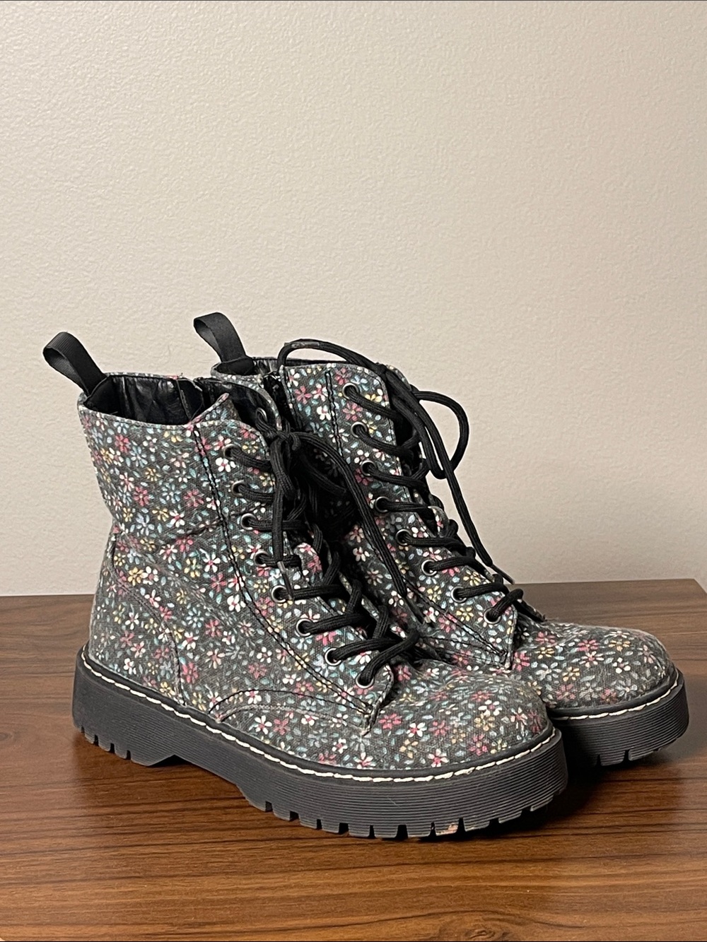 Sincerly Jules Black Floral Lace-Up Combat Boots